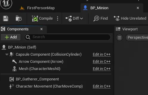 The BP_Minion Components panel with the Gatherer Component added alongside the capsule, arrow, and mesh