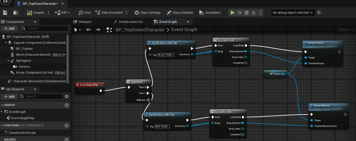 Get All Actors With Tag feeding Assign Beacon in a Blueprint graph