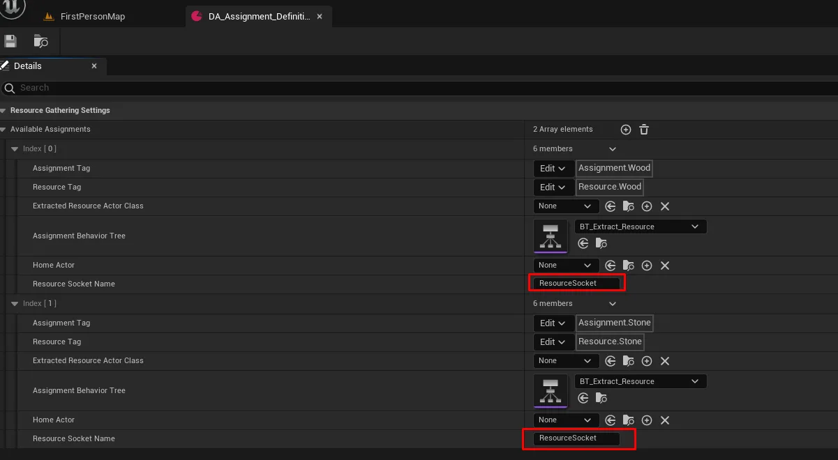 The Resource Socket Name field of an assignment entry pointing at the hand socket