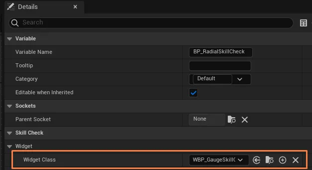 The component's Widget Class set to WBP_GaugeSkillCheck in the Details panel