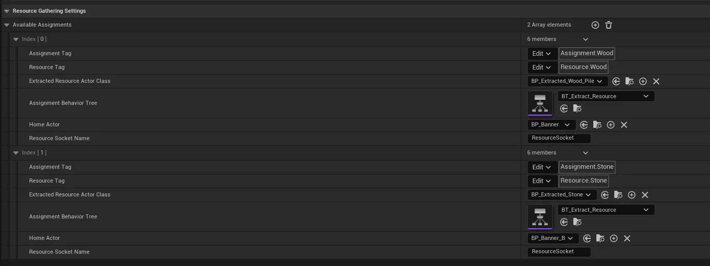The DA_Assignment_Definitions data asset with completed Wood and Stone entries
