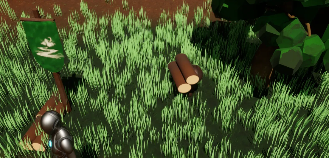 A minion carrying logs back toward its home banner in a top-down scene