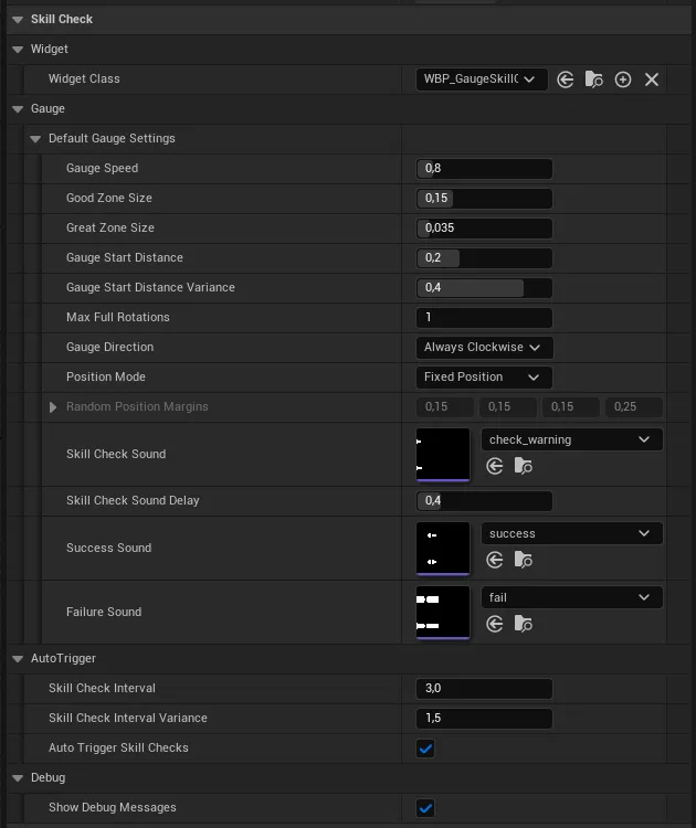 The Default Gauge Settings, AutoTrigger, and Debug sections in the component Details