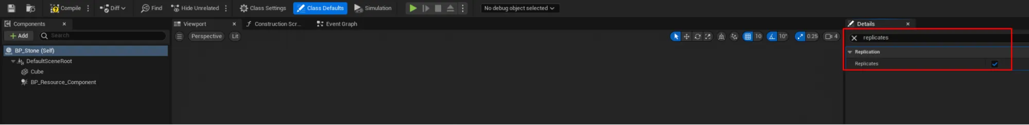The resource actor's Replicates checkbox enabled in Class Defaults
