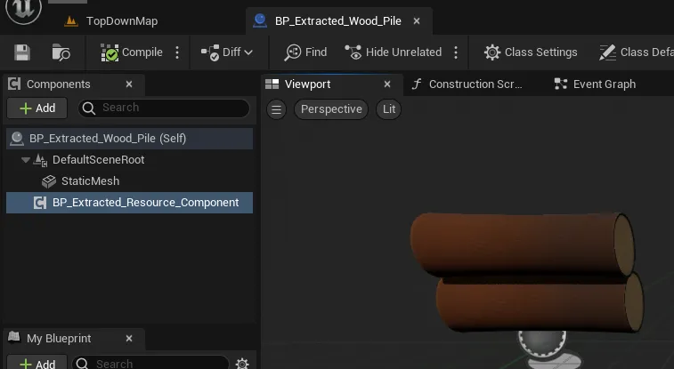 The BP_Extracted_Wood_Pile Blueprint with a static mesh and an Extracted Resource Component
