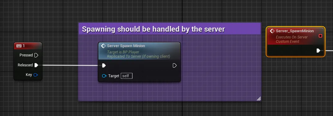 A key press calling a Server Spawn Minion event that is replicated to the server