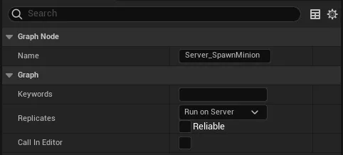 The custom event's Replicates option set to Run on Server