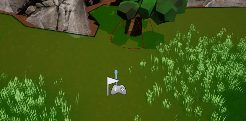 A top-down view of the navigation area covering the ground around a tree, with the home banner placed nearby