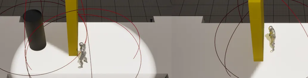 Static meshes casting vision-blocking shadows across the fog