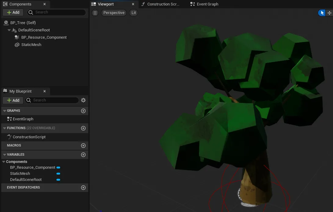 The BP_Tree Blueprint with a Resource Component added in the Components panel