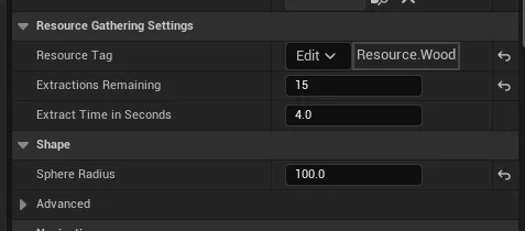 The Resource Component details: Resource Tag set to Resource.Wood, Extractions Remaining, Extract Time in Seconds, and the collision Sphere Radius