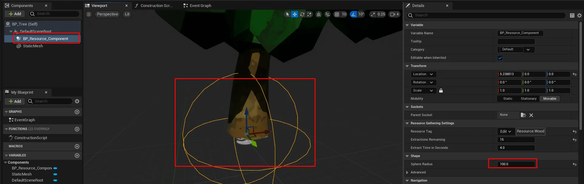 The Resource Component's collision sphere drawn larger than the mesh in the viewport