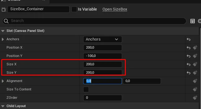 Setting the SizeBox_Container Size X and Size Y in its Canvas Panel slot